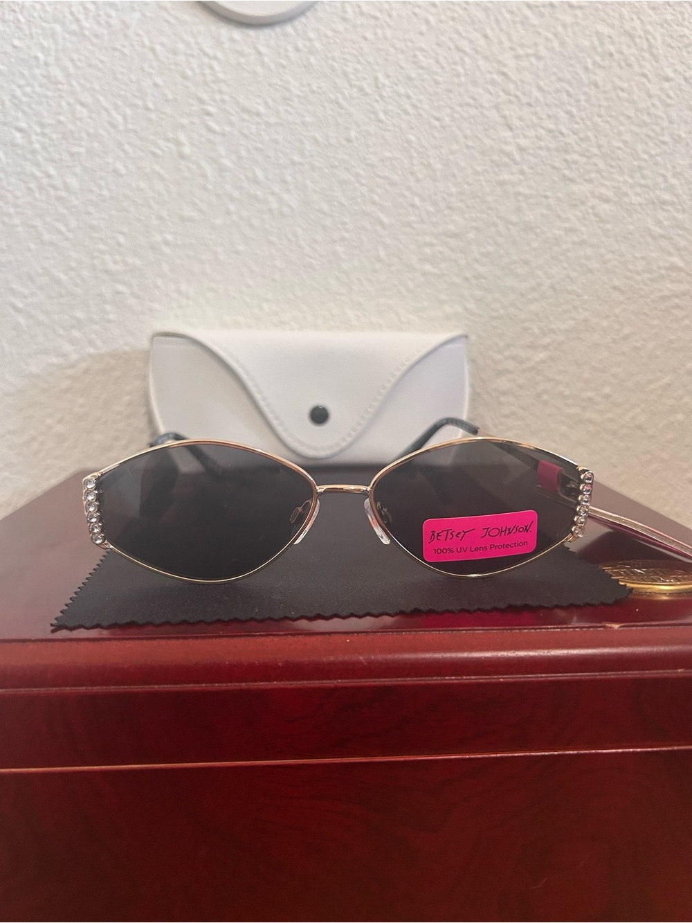 Betsey Johnson Gold Frame Black Lens Sunglasses with Rhinestone Temples